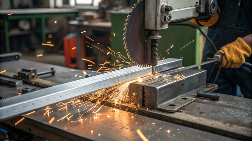alt with keywords: close-up of a band saw blade cutting through a thick aluminum block